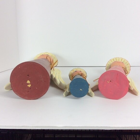 Wood Angel Vintage Hand Painted Folk Art Artist Signed Dated Figurine Set of 3 - Picture 9 of 9